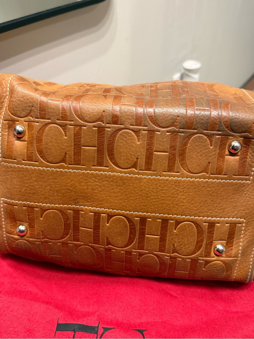 Carolina Herrera Tan Embossed CH Logo Satchel Andy 7 - Picture 4 of 10